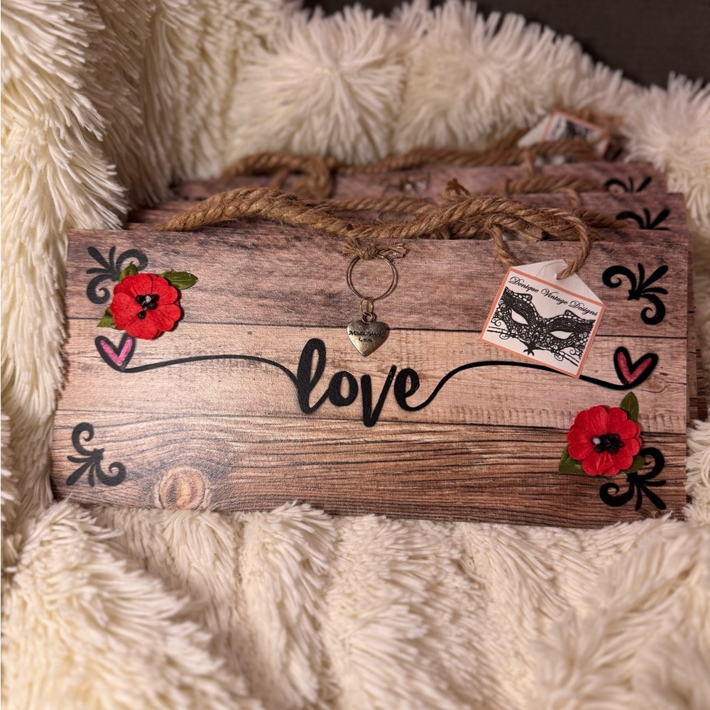 Rustic Wood Love Wall Decor Red Floral Black Script Farmhouse Sign